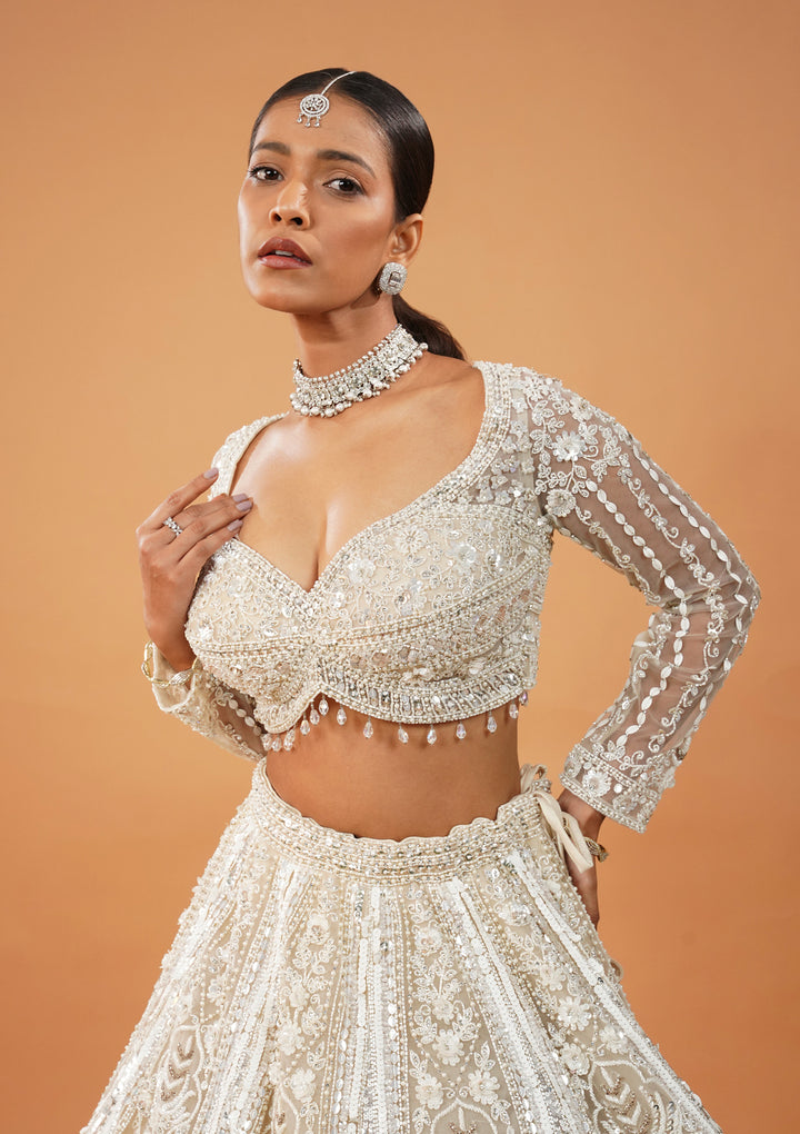 Cream Stonework Net Readymade Lehenga