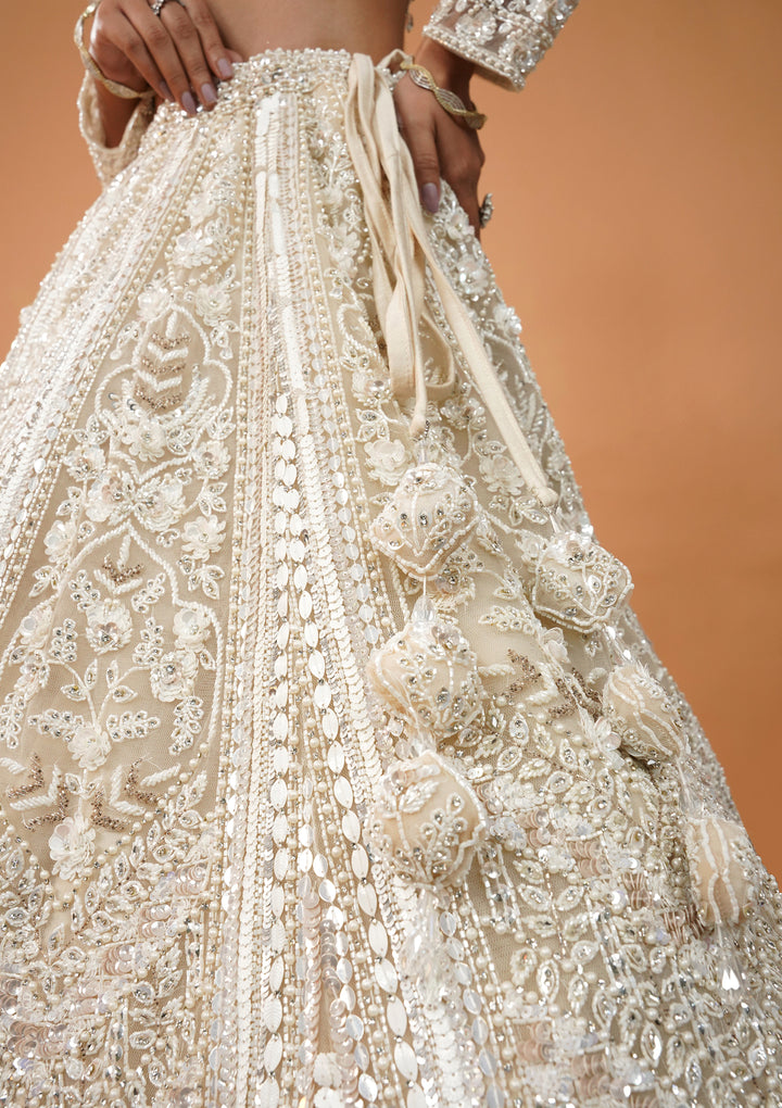 Cream Stonework Net Readymade Lehenga