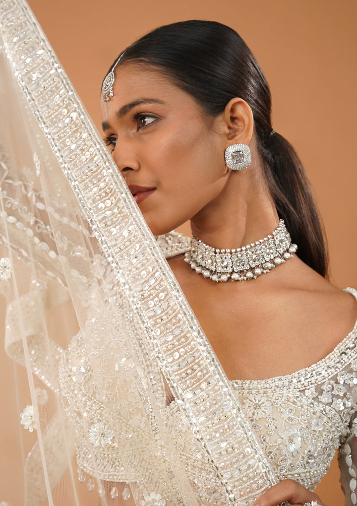 Cream Stonework Net Readymade Lehenga