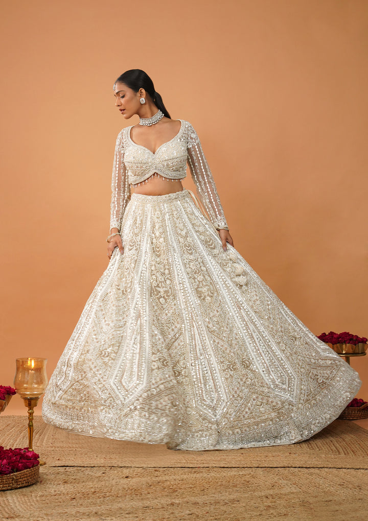 Cream Stonework Net Readymade Lehenga