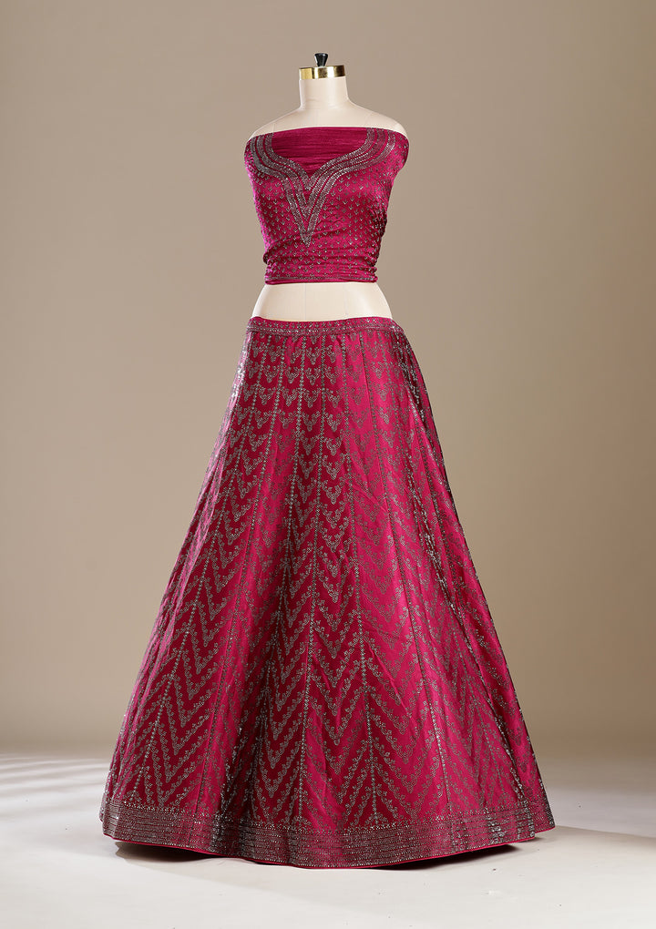 Rani Pink Silver Zariwork Satin Semi-Stitched Lehenga