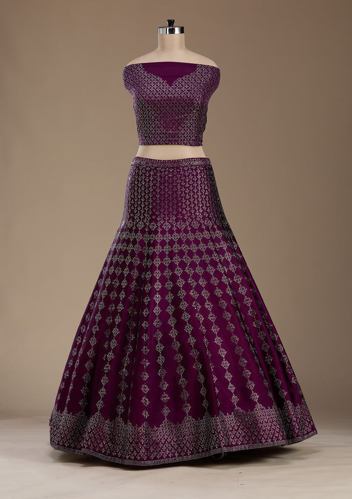 Wine Silver Zariwork Satin Semi-Stitched Lehenga
