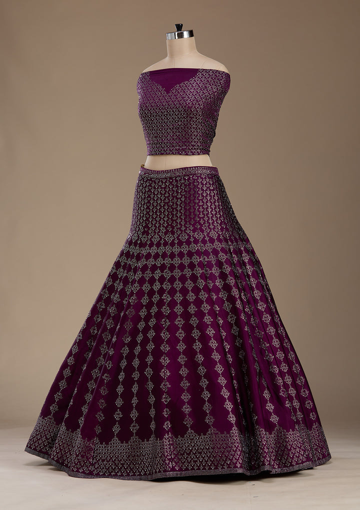 Wine Silver Zariwork Satin Semi-Stitched Lehenga