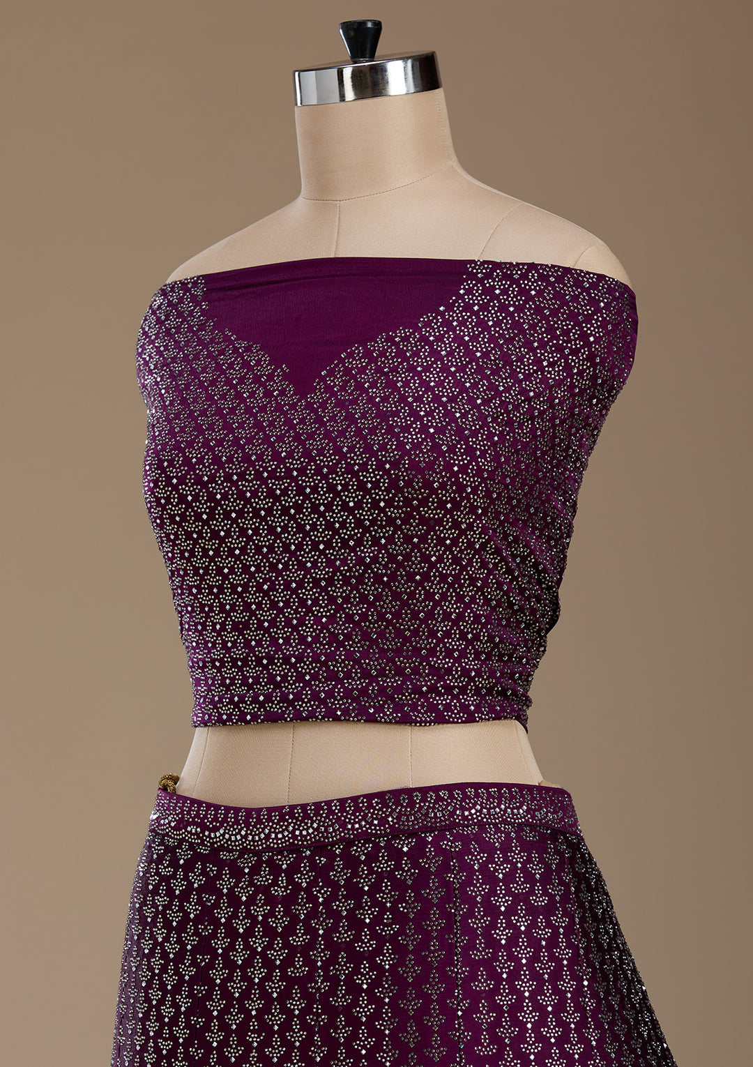 Wine Silver Zariwork Satin Semi-Stitched Lehenga