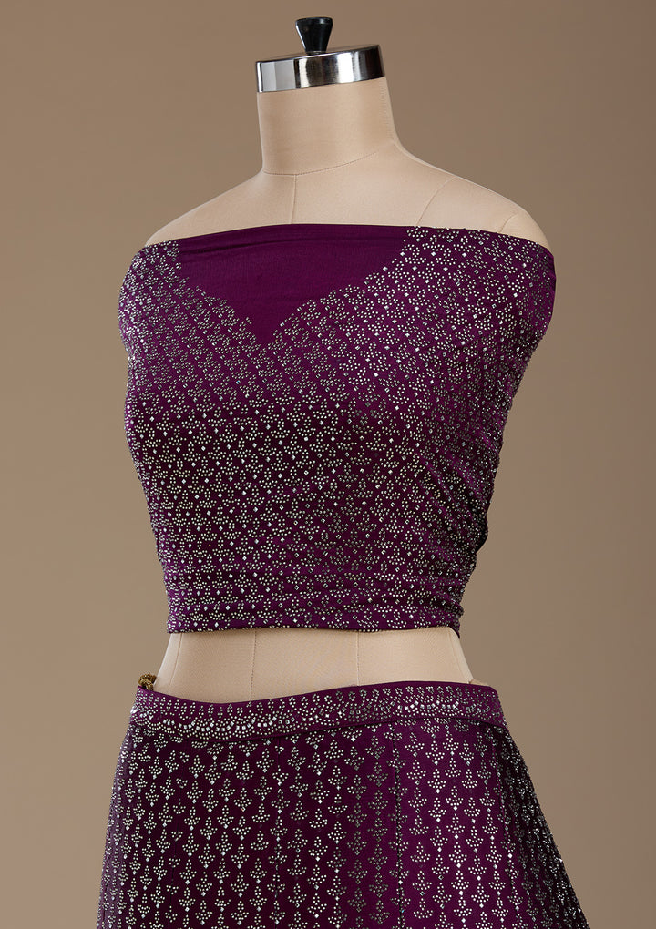 Wine Silver Zariwork Satin Semi-Stitched Lehenga