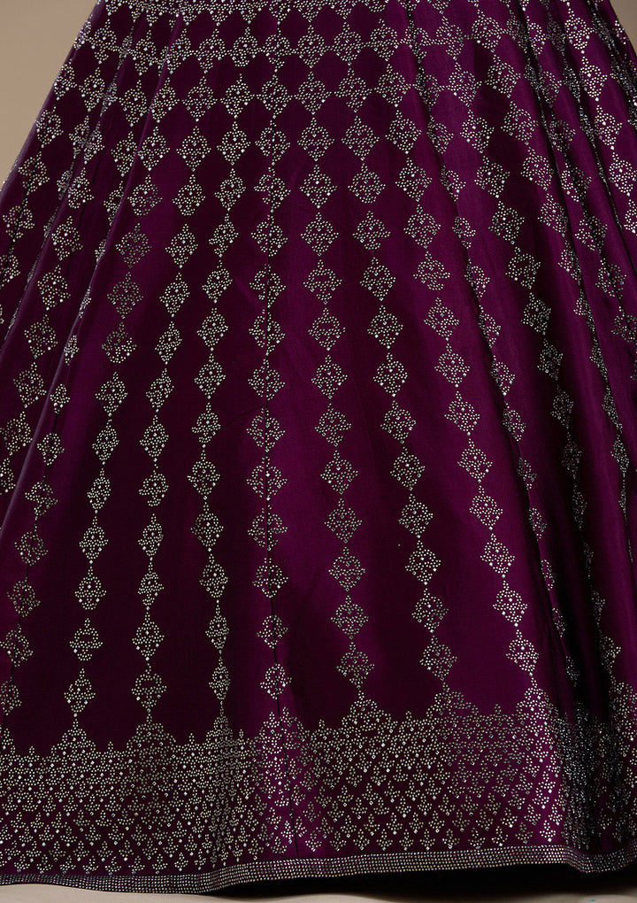Wine Silver Zariwork Satin Semi-Stitched Lehenga