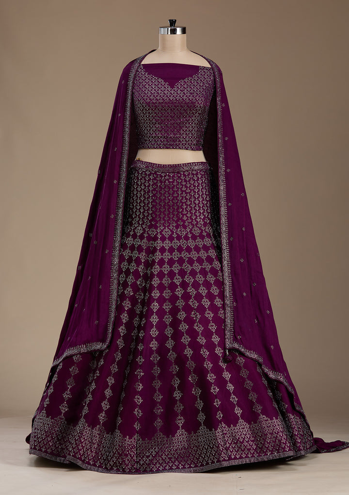 Wine Silver Zariwork Satin Semi-Stitched Lehenga