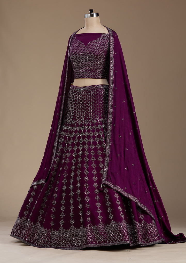 Wine Silver Zariwork Satin Semi-Stitched Lehenga