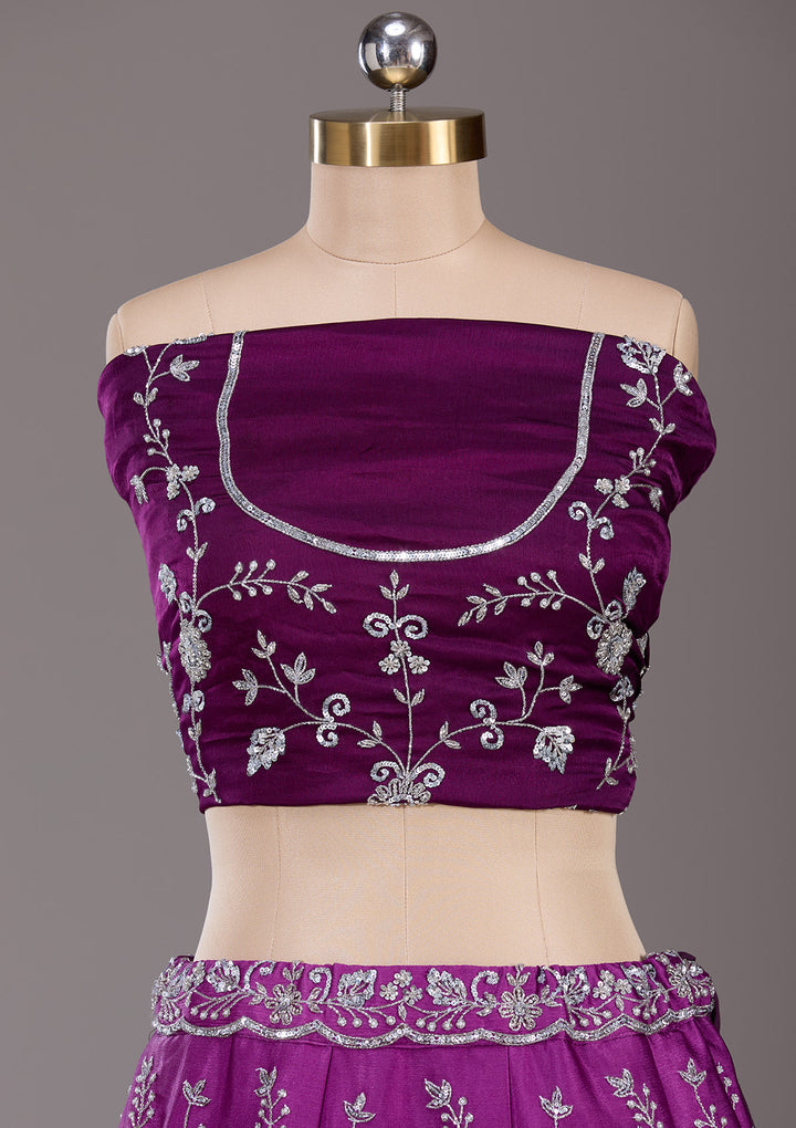 Wine Silver Zariwork Satin Readymade Lehenga