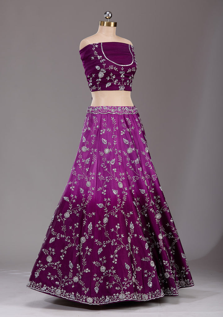 Wine Silver Zariwork Satin Readymade Lehenga