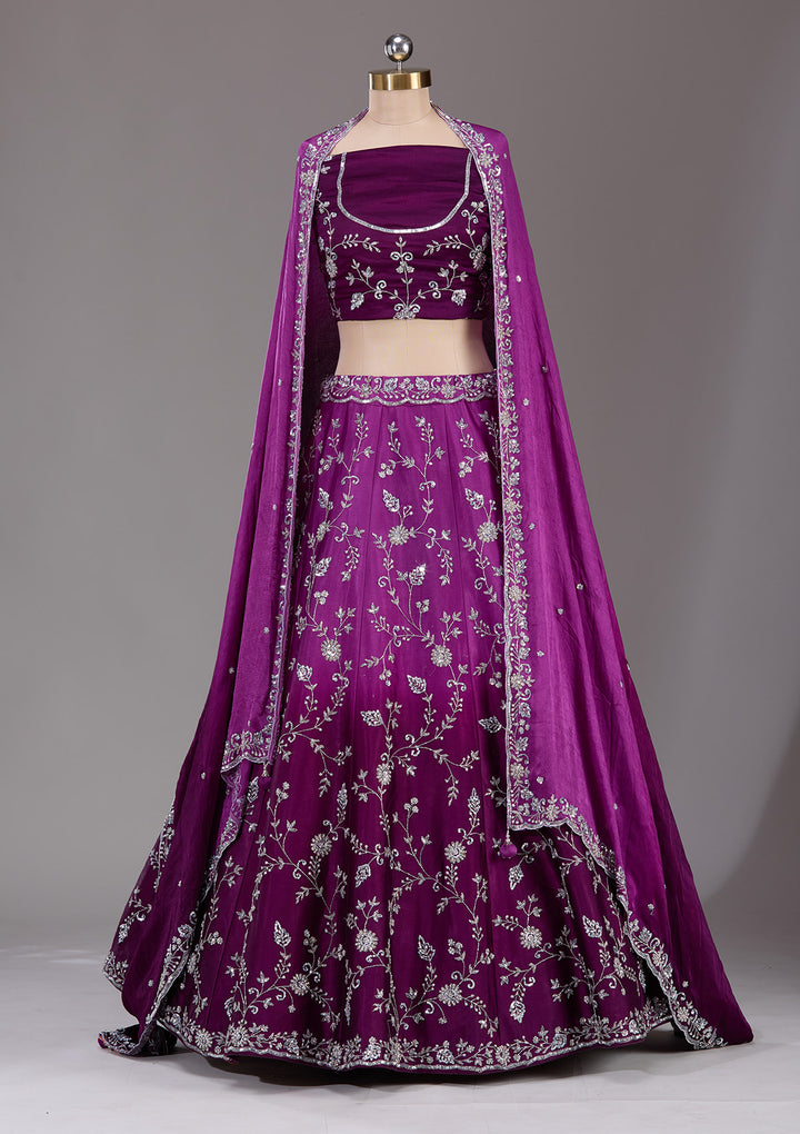 Wine Silver Zariwork Satin Readymade Lehenga