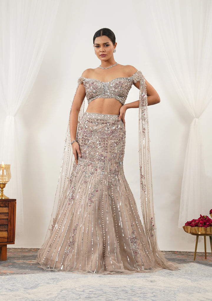 Beige Cutdana Net Readymade Lehenga