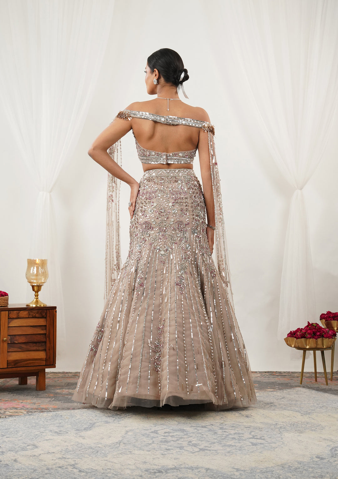 Beige Cutdana Net Readymade Lehenga