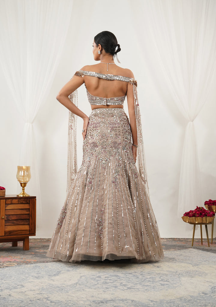 Beige Cutdana Net Readymade Lehenga