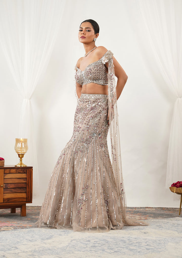 Beige Cutdana Net Readymade Lehenga