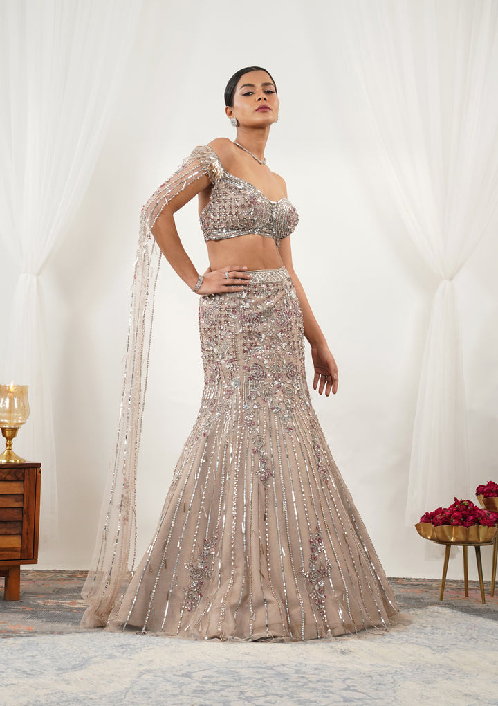 Beige Cutdana Net Readymade Lehenga