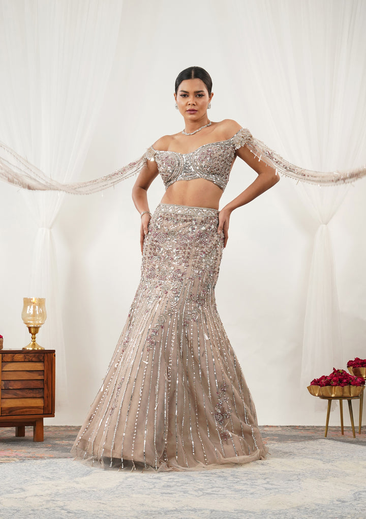 Beige Cutdana Net Readymade Lehenga