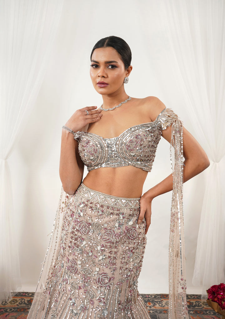 Beige Cutdana Net Readymade Lehenga