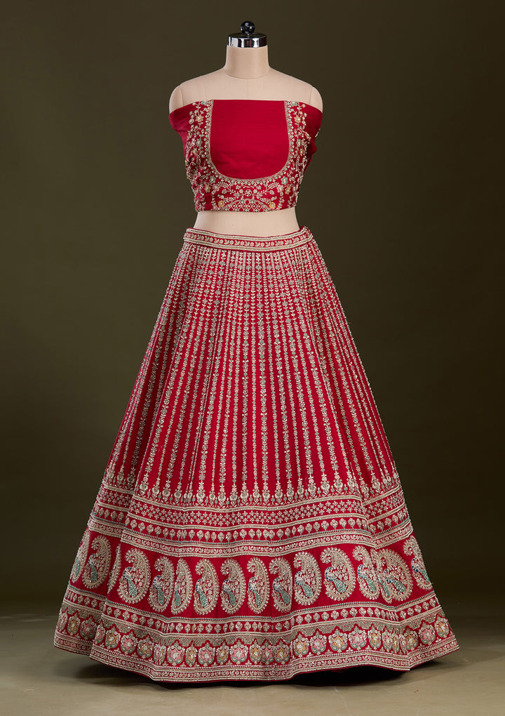 Red Zariwork Raw Silk Readymade Lehenga