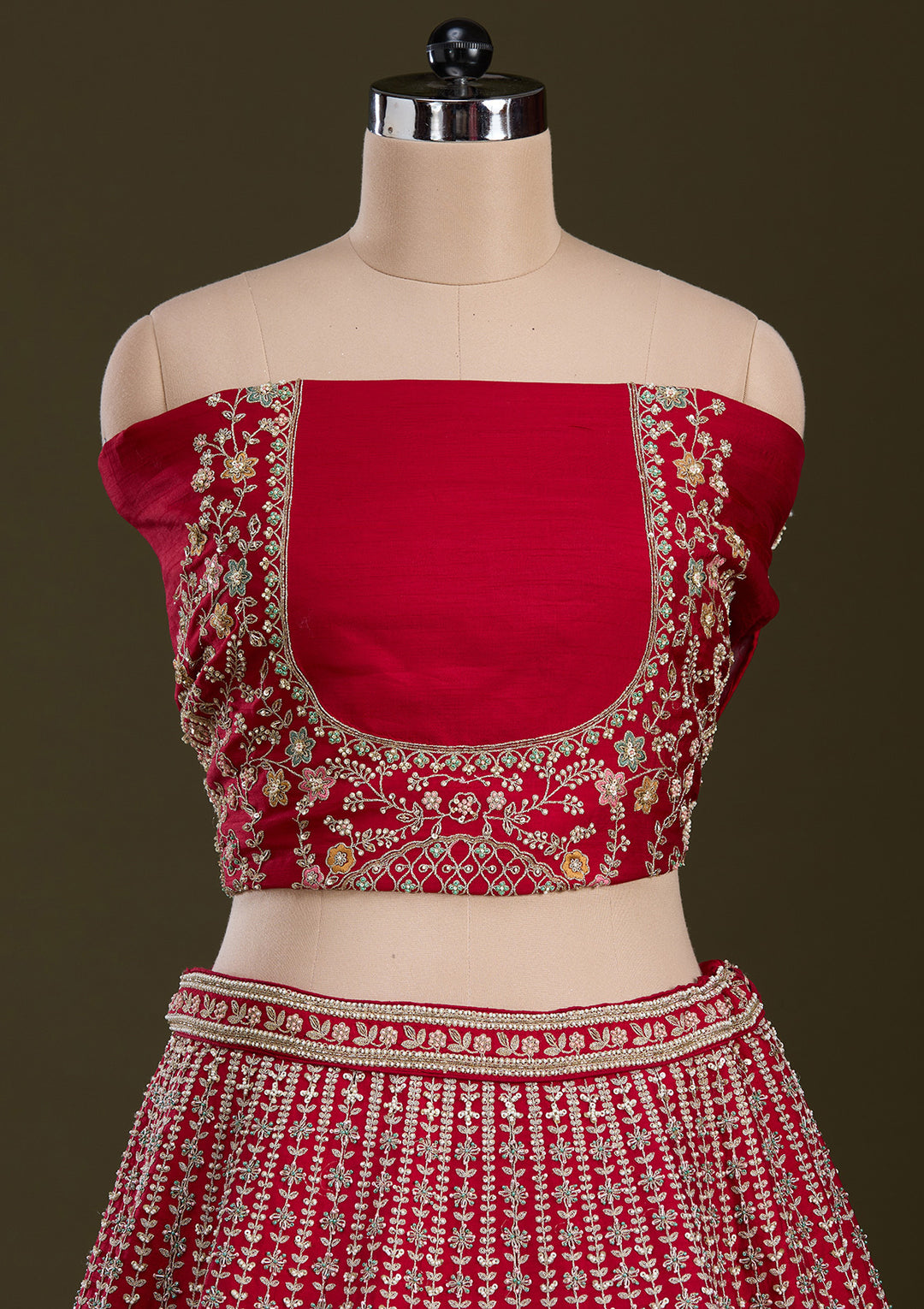 Red Zariwork Raw Silk Readymade Lehenga