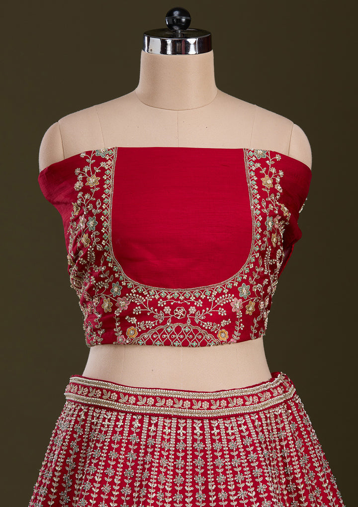 Red Zariwork Raw Silk Readymade Lehenga