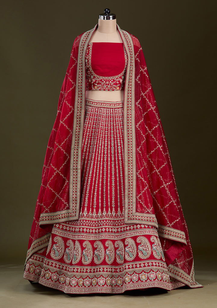 Red Zariwork Raw Silk Readymade Lehenga