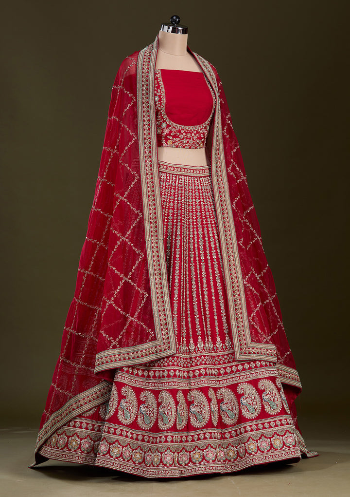 Red Zariwork Raw Silk Readymade Lehenga