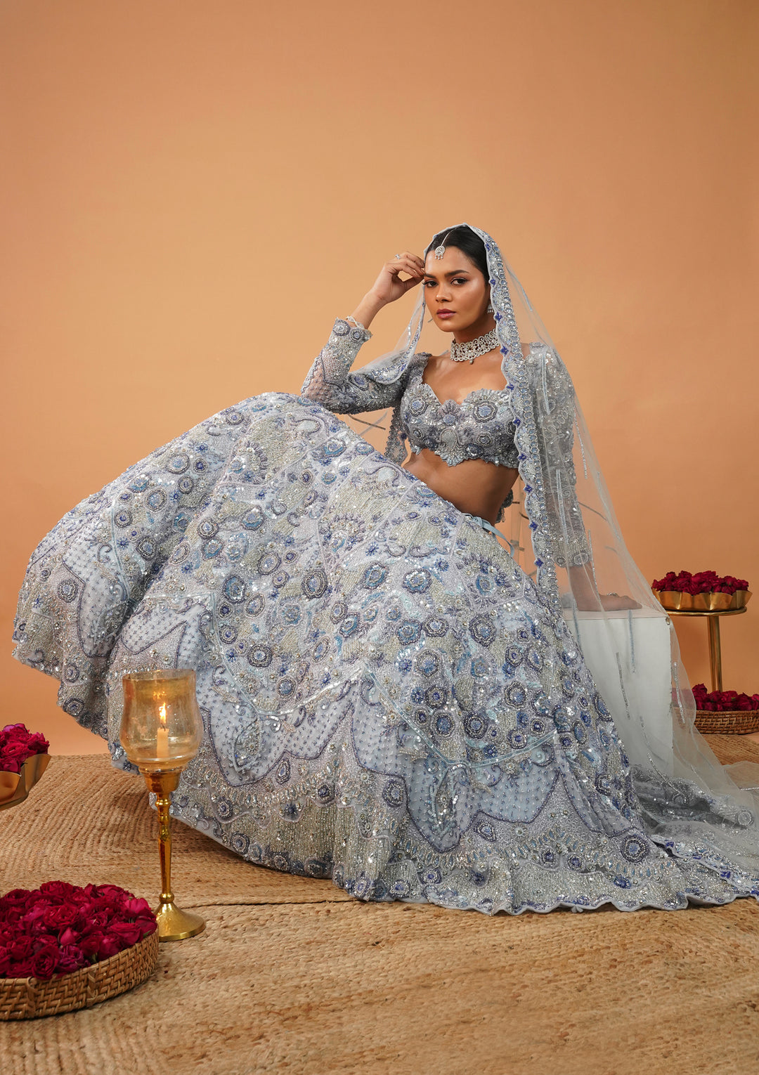 Sky Blue Cutdana Net Readymade Lehenga