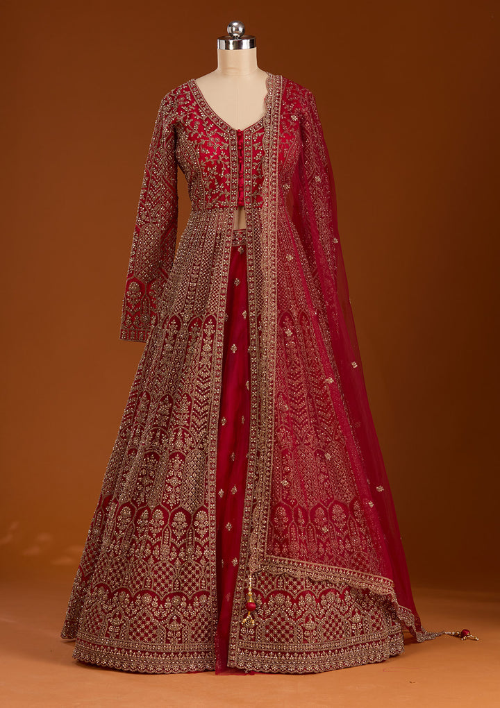 Maroon Zariwork Net Readymade Lehenga