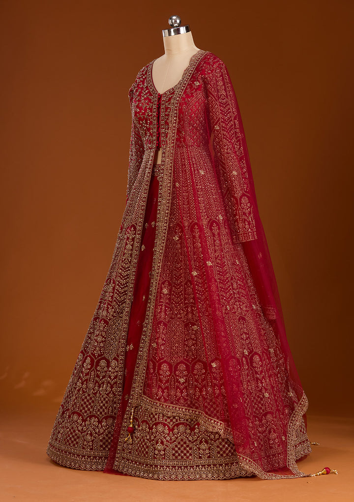 Maroon Zariwork Net Readymade Lehenga