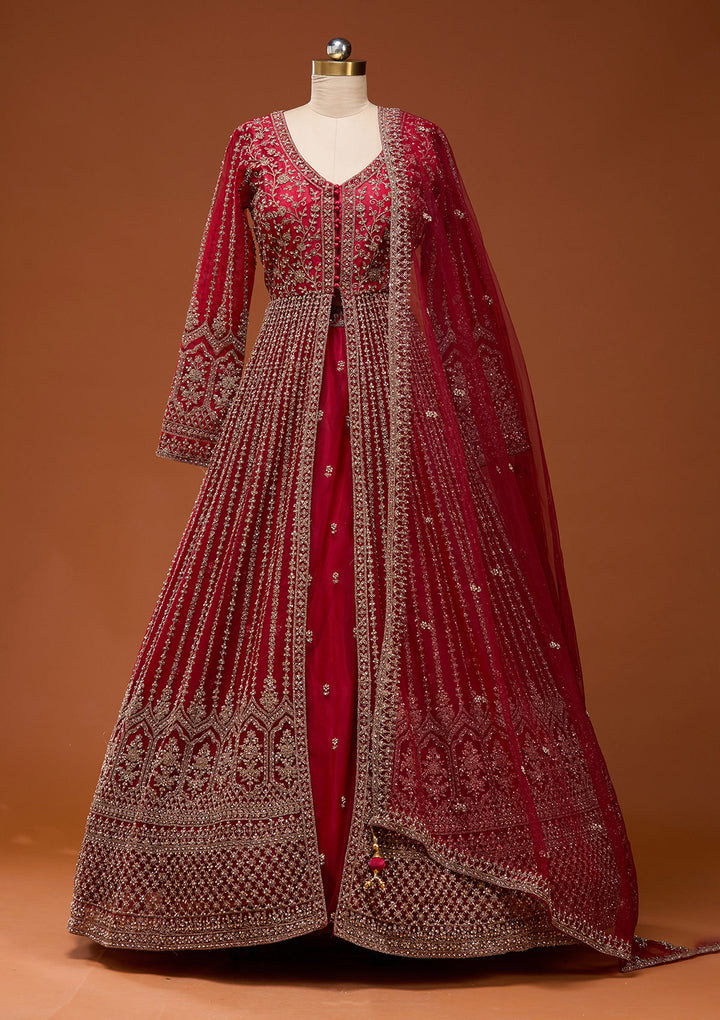 Maroon Stonework Net Readymade Lehenga