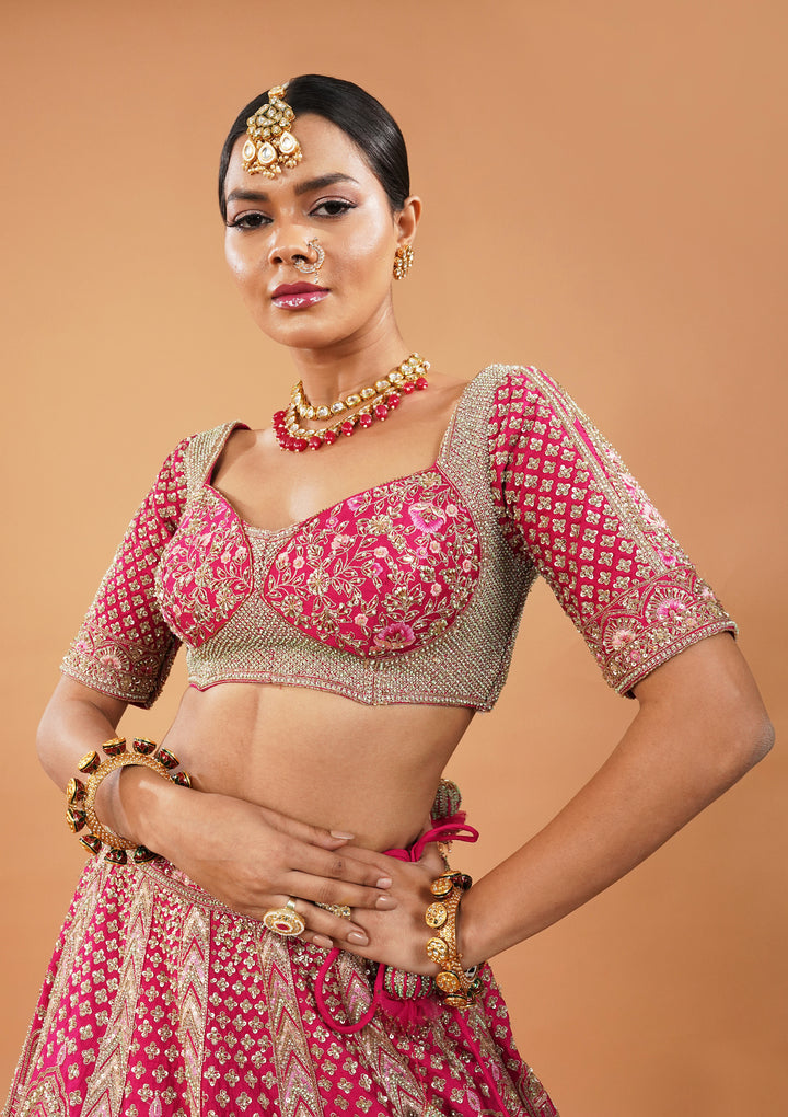 Rani Pink Zardosi Raw Silk Readymade Lehenga