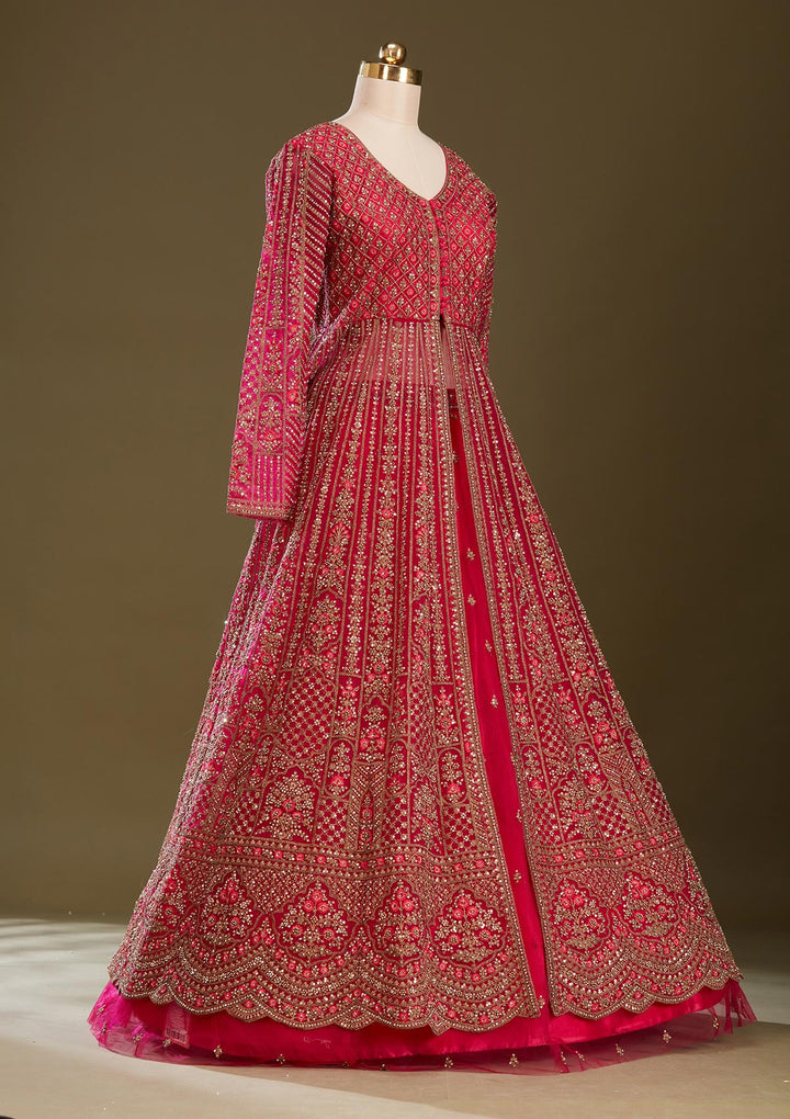 Rani Pink Zariwork (Gold) Net Readymade Lehenga