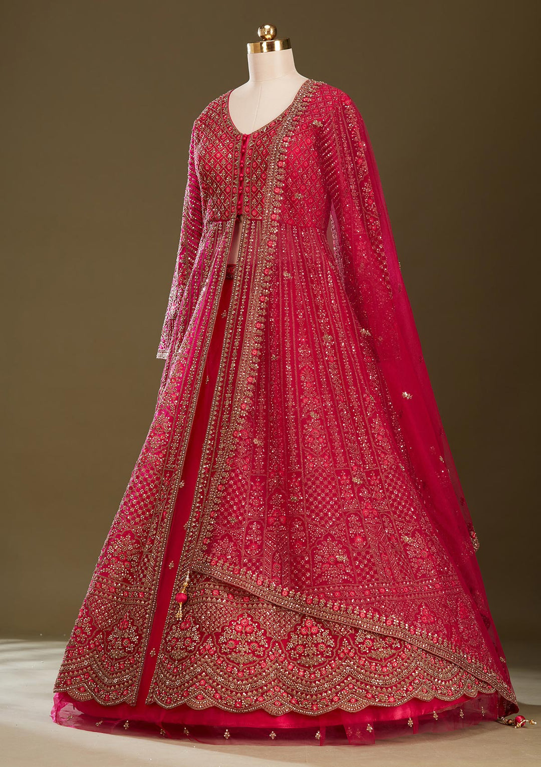 Rani Pink Zariwork (Gold) Net Readymade Lehenga