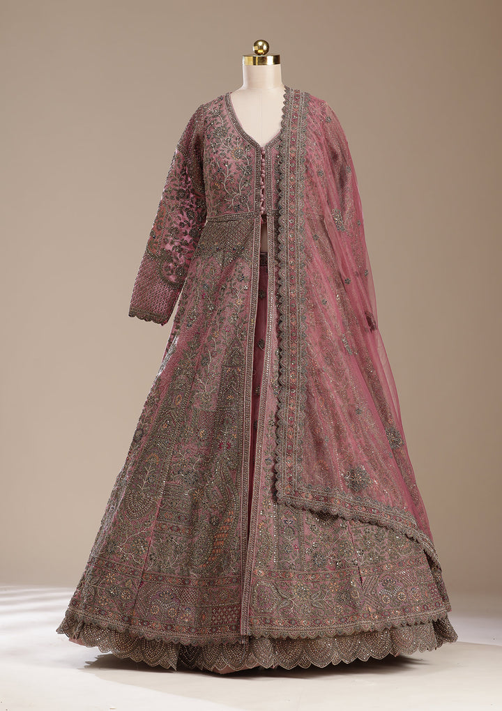 Onion Pink Zariwork (Antique) Net Readymade Lehenga