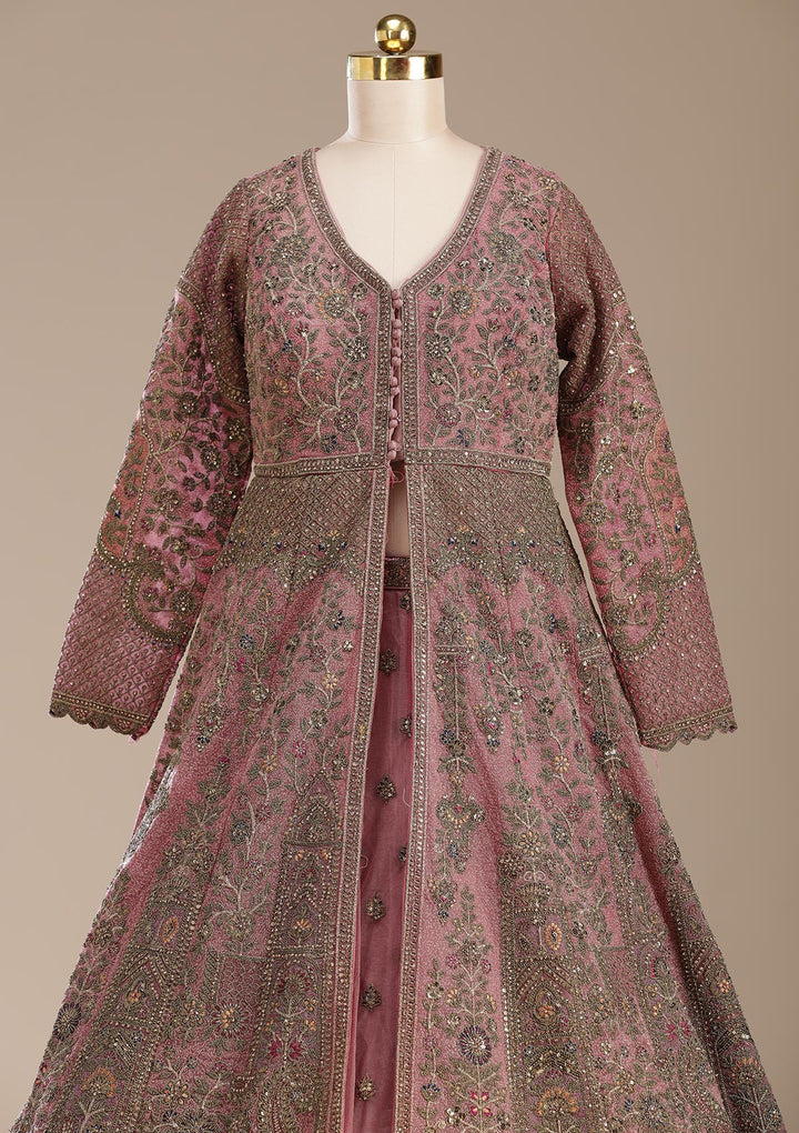 Onion Pink Zariwork (Antique) Net Readymade Lehenga