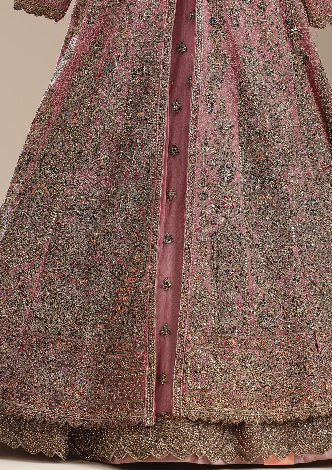 Onion Pink Zariwork (Antique) Net Readymade Lehenga
