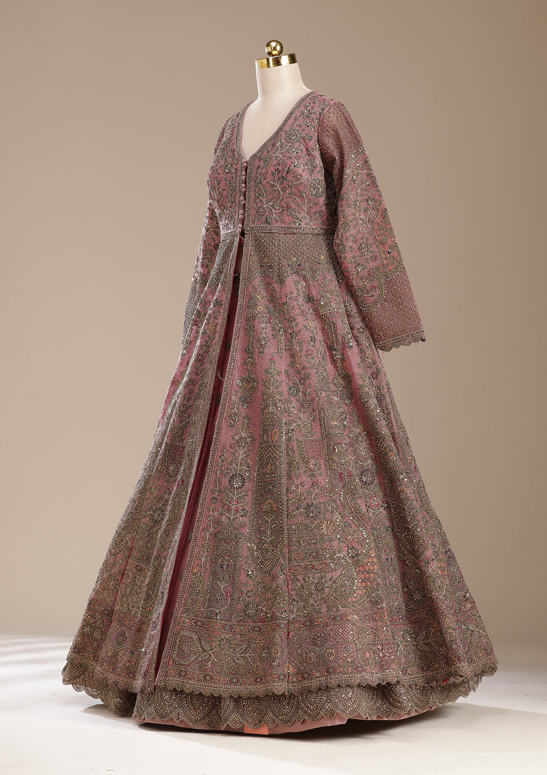 Onion Pink Zariwork (Antique) Net Readymade Lehenga