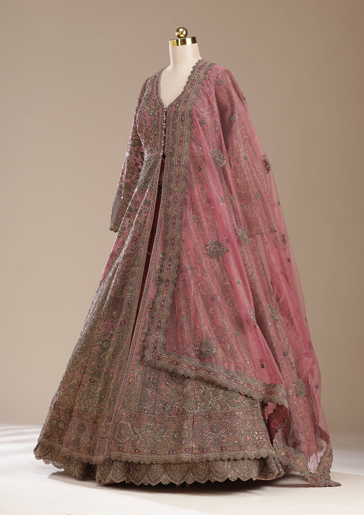 Onion Pink Zariwork (Antique) Net Readymade Lehenga