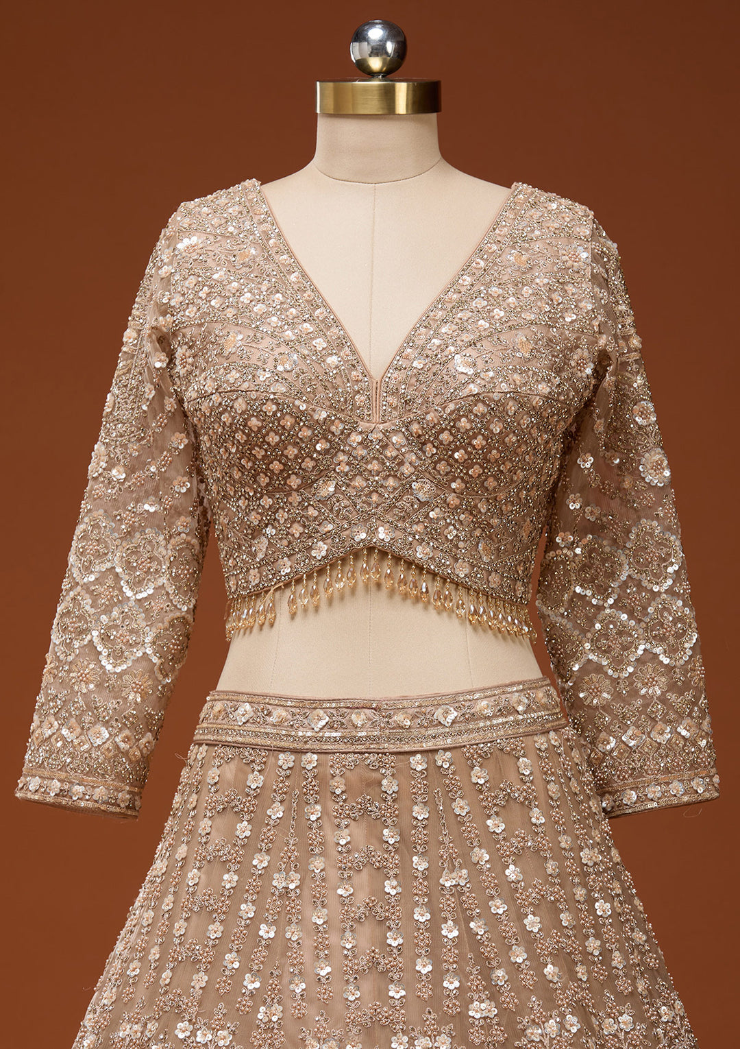 Beige Zariwork (Gold) Net Readymade Lehenga