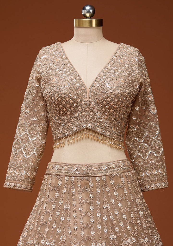 Beige Zariwork (Gold) Net Readymade Lehenga