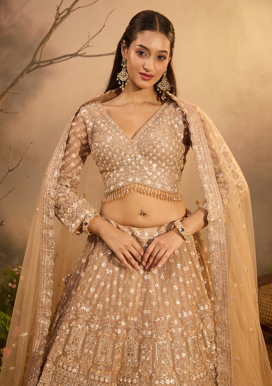 Beige Zariwork (Gold) Net Readymade Lehenga