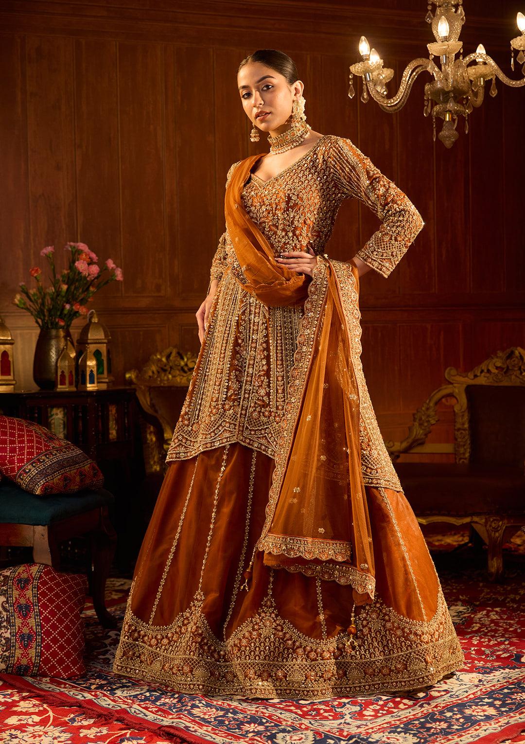 Rust Cording Net Readymade Lehenga