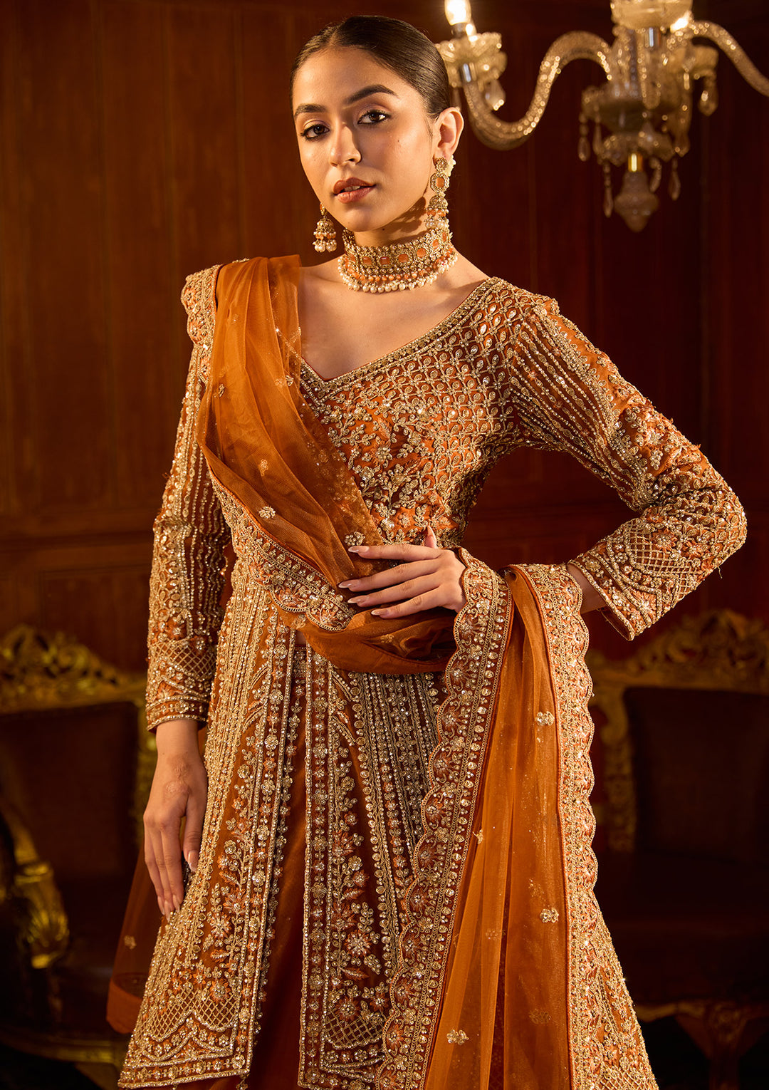 Rust Cording Net Readymade Lehenga