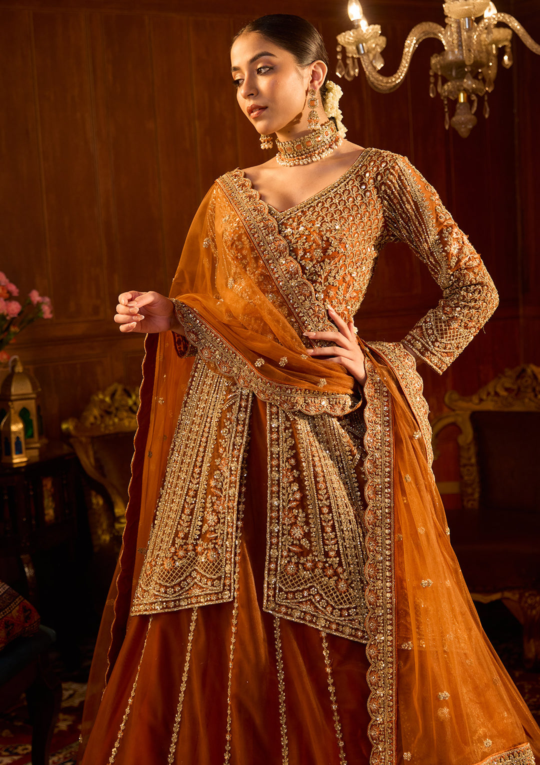 Rust Cording Net Readymade Lehenga