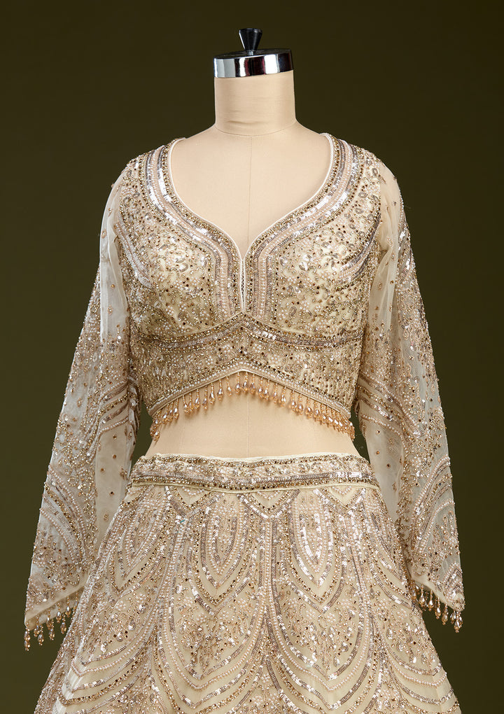 Cream Sequins Net Readymade Lehenga