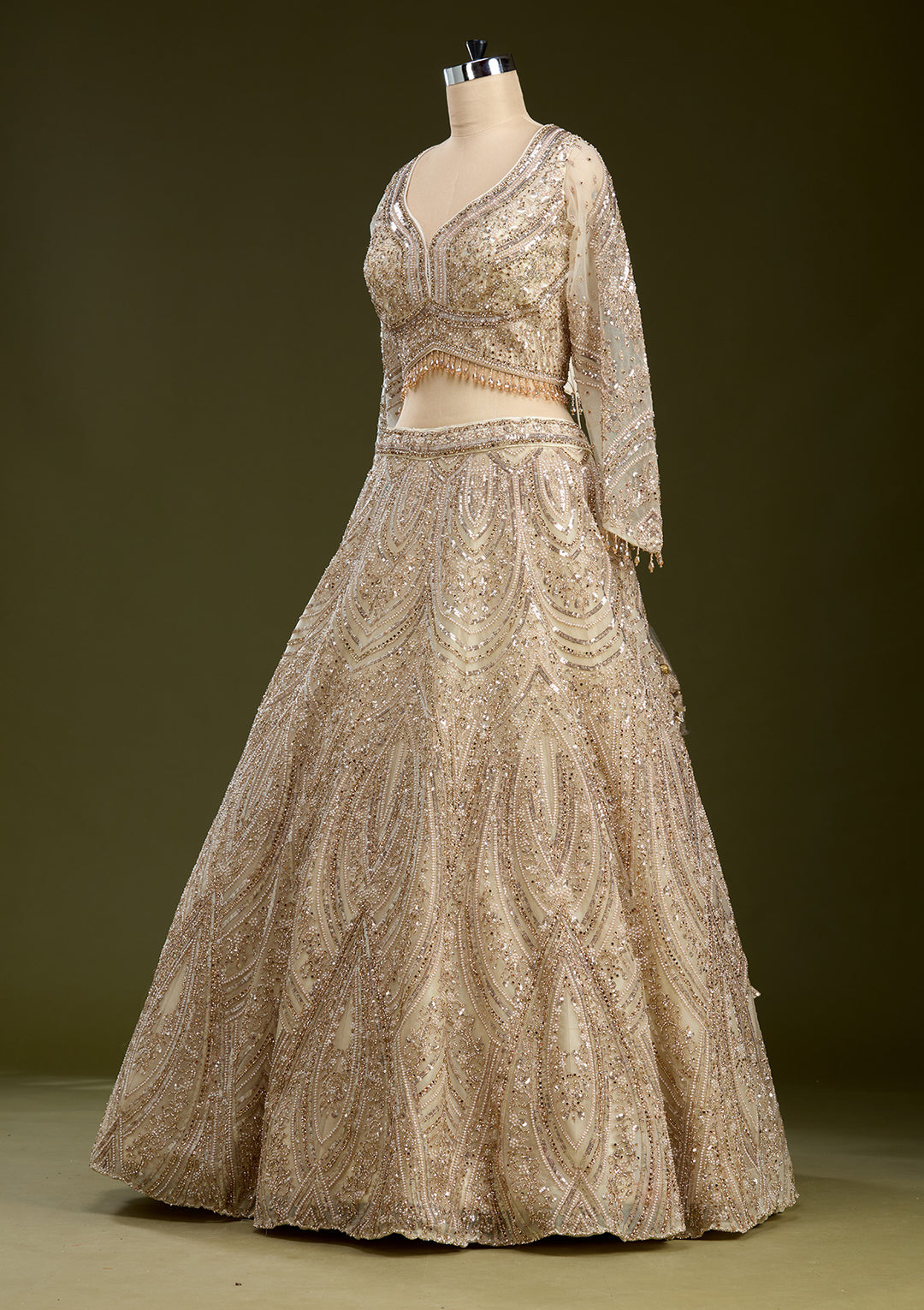 Cream Sequins Net Readymade Lehenga