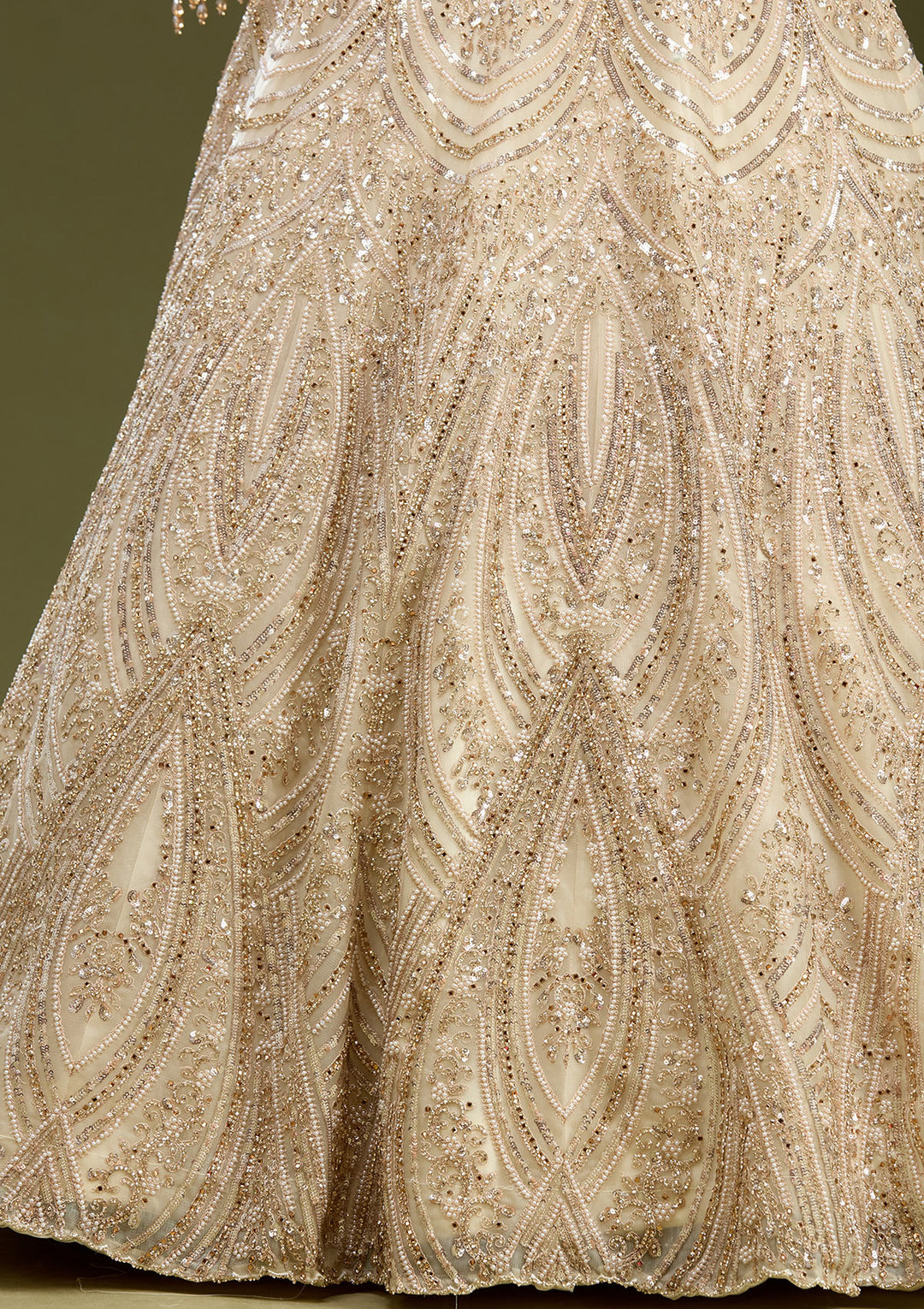 Cream Sequins Net Readymade Lehenga