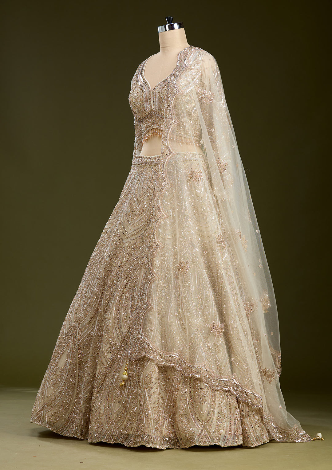 Cream Sequins Net Readymade Lehenga