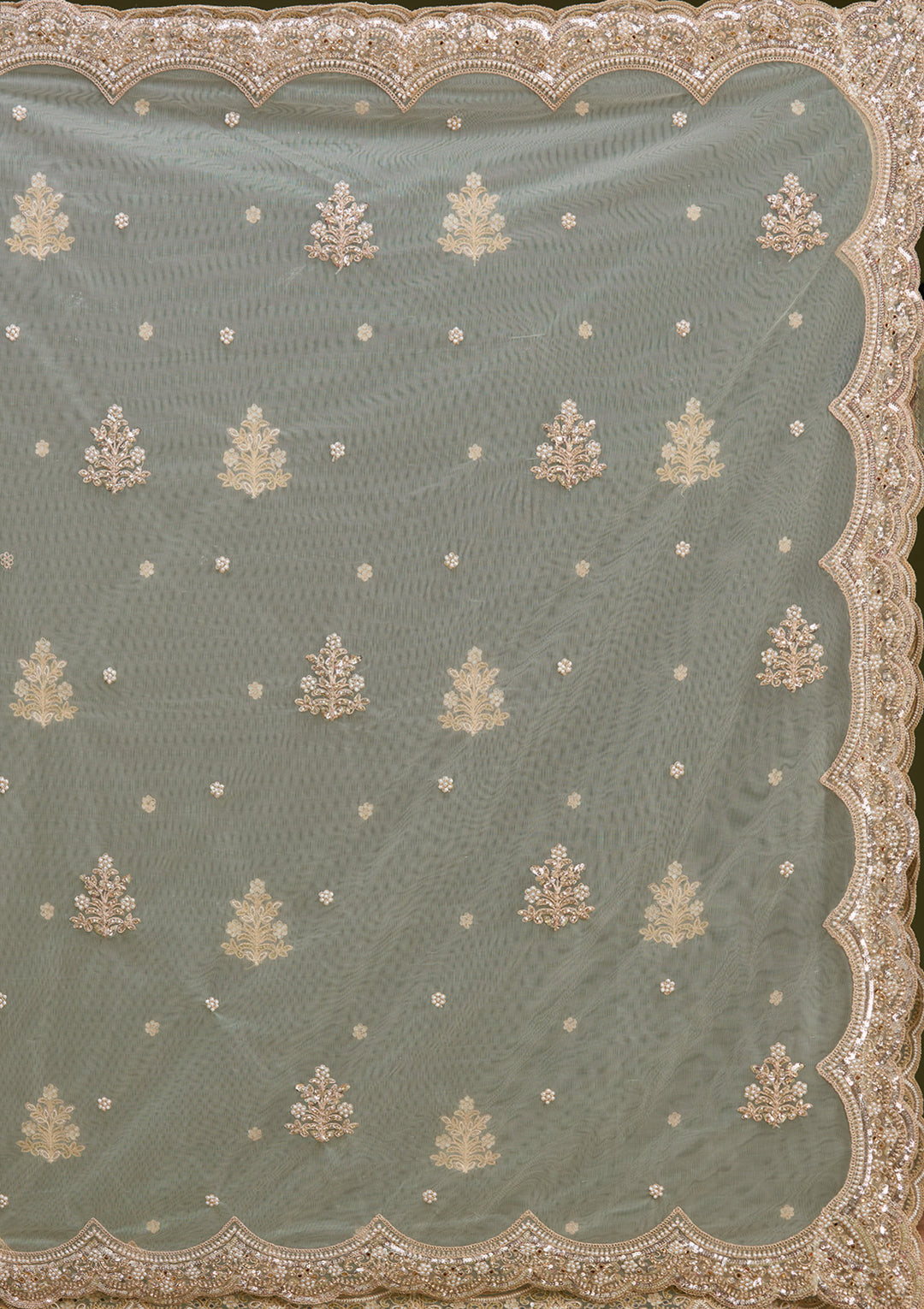 Cream Sequins Net Readymade Lehenga